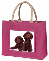 Chocolate Cocker Spaniel Dogs Large Pink Jute Shopping Bag