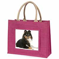Tri-Col Sheltie Dog Large Pink Jute Shopping Bag