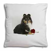 Tri-Col Sheltie with Red Rose Soft White Velvet Feel Scatter Cushion