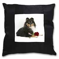 Tri-Col Sheltie with Red Rose Black Satin Feel Scatter Cushion