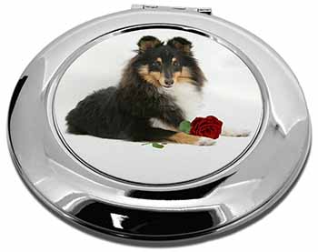 Tri-Col Sheltie with Red Rose Make-Up Round Compact Mirror