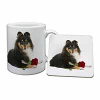 Tri-Col Sheltie with Red Rose Mug and Coaster Set