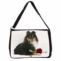 Tri-Col Sheltie with Red Rose Large Black Laptop Shoulder Bag School/College