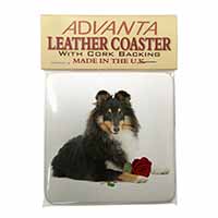 Tri-Col Sheltie with Red Rose Single Leather Photo Coaster