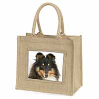 Tri-Colour Shetland Sheepdog Natural/Beige Jute Large Shopping Bag