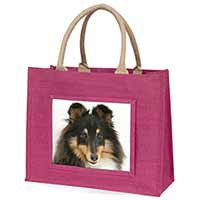 Tri-Colour Shetland Sheepdog Large Pink Jute Shopping Bag