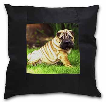 Cute Shar-Pei Dog Black Satin Feel Scatter Cushion