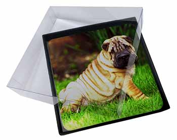4x Cute Shar-Pei Dog Picture Table Coasters Set in Gift Box