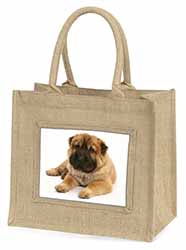 Bear Coated Shar-Pei Puppy Dog Natural/Beige Jute Large Shopping Bag