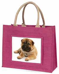 Bear Coated Shar-Pei Puppy Dog Large Pink Jute Shopping Bag