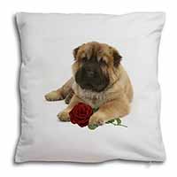 Shar Pei Dog with Red Rose Soft White Velvet Feel Scatter Cushion