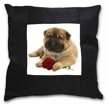 Shar Pei Dog with Red Rose Black Satin Feel Scatter Cushion