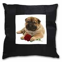 Shar Pei Dog with Red Rose Black Satin Feel Scatter Cushion