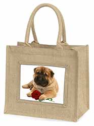 Shar Pei Dog with Red Rose Natural/Beige Jute Large Shopping Bag