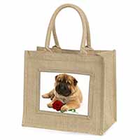 Shar Pei Dog with Red Rose Natural/Beige Jute Large Shopping Bag