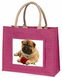 Shar Pei Dog with Red Rose Large Pink Jute Shopping Bag