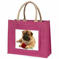 Shar Pei Dog with Red Rose Large Pink Jute Shopping Bag