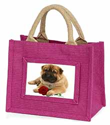 Shar Pei Dog with Red Rose Little Girls Small Pink Jute Shopping Bag