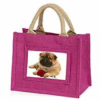 Shar Pei Dog with Red Rose Little Girls Small Pink Jute Shopping Bag