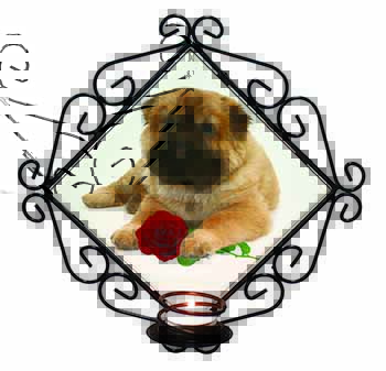Shar Pei Dog with Red Rose Wrought Iron Wall Art Candle Holder