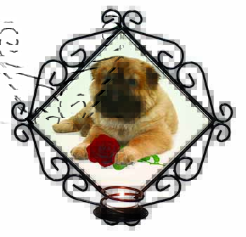 Shar Pei Dog with Red Rose Wrought Iron Wall Art Candle Holder