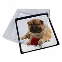 4x Shar Pei Dog with Red Rose Picture Table Coasters Set in Gift Box