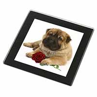 Shar Pei Dog with Red Rose Black Rim High Quality Glass Coaster