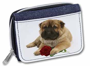 Shar Pei Dog with Red Rose Unisex Denim Purse Wallet