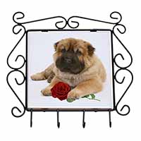 Shar Pei Dog with Red Rose Wrought Iron Key Holder Hooks