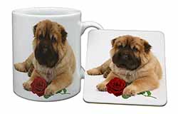 Shar Pei Dog with Red Rose Mug and Coaster Set