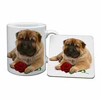 Shar Pei Dog with Red Rose Mug and Coaster Set
