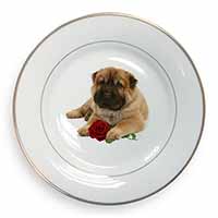 Shar Pei Dog with Red Rose Gold Rim Plate Printed Full Colour in Gift Box