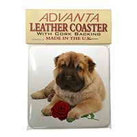 Shar Pei Dog with Red Rose Single Leather Photo Coaster