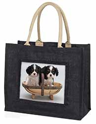 King Charles Spaniel Puppy Dogs Large Black Jute Shopping Bag