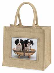 King Charles Spaniel Puppy Dogs Natural/Beige Jute Large Shopping Bag
