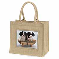 King Charles Spaniel Puppy Dogs Natural/Beige Jute Large Shopping Bag