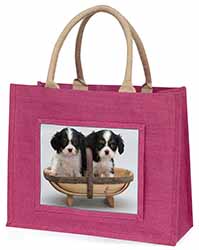 King Charles Spaniel Puppy Dogs Large Pink Jute Shopping Bag