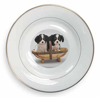 King Charles Spaniel Puppy Dogs Gold Rim Plate Printed Full Colour in Gift Box