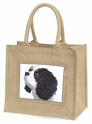 Tri-Colour King Charles Spaniel Dog Natural/Beige Jute Large Shopping Bag