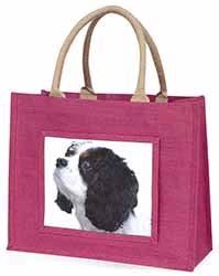 Tri-Colour King Charles Spaniel Dog Large Pink Jute Shopping Bag