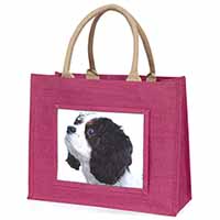 Tri-Colour King Charles Spaniel Dog Large Pink Jute Shopping Bag