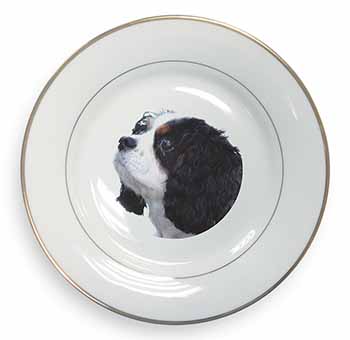 Tri-Colour King Charles Spaniel Dog Gold Rim Plate Printed Full Colour in Gift B