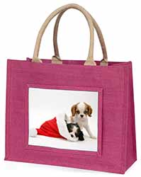 Christmas King Charles Large Pink Jute Shopping Bag