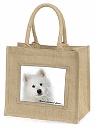 Samoyed Dog with Love Natural/Beige Jute Large Shopping Bag