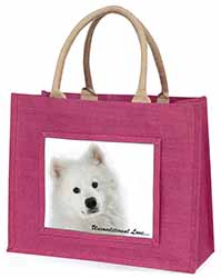 Samoyed Dog with Love Large Pink Jute Shopping Bag