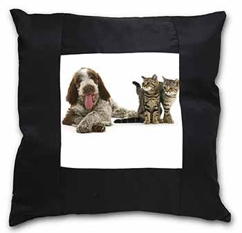 Italian Spinone Dog and Kittens Black Satin Feel Scatter Cushion