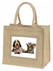 Italian Spinone Dog and Kittens Natural/Beige Jute Large Shopping Bag