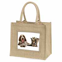 Italian Spinone Dog and Kittens Natural/Beige Jute Large Shopping Bag