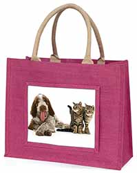 Italian Spinone Dog and Kittens Large Pink Jute Shopping Bag