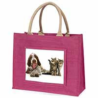 Italian Spinone Dog and Kittens Large Pink Jute Shopping Bag